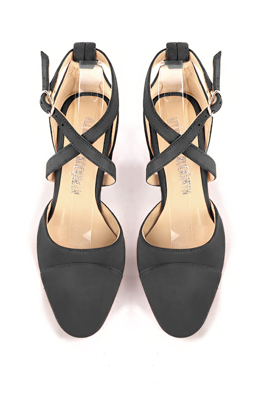 Dark grey women's open side shoes, with crossed straps. Round toe. Medium flare heels. Top view - Florence KOOIJMAN